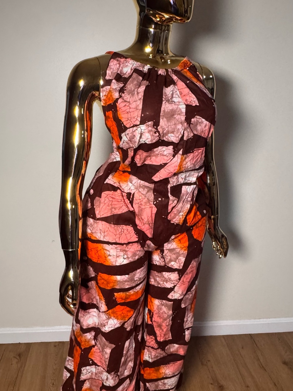 Halter-Neck Wide-Leg Jumpsuit in Rust Multi Print - Picture 9 of 15